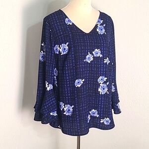 Apt. 9 Blue & Black Print Top with Flowers, Two Layer Bell Sleeves, Size Medium